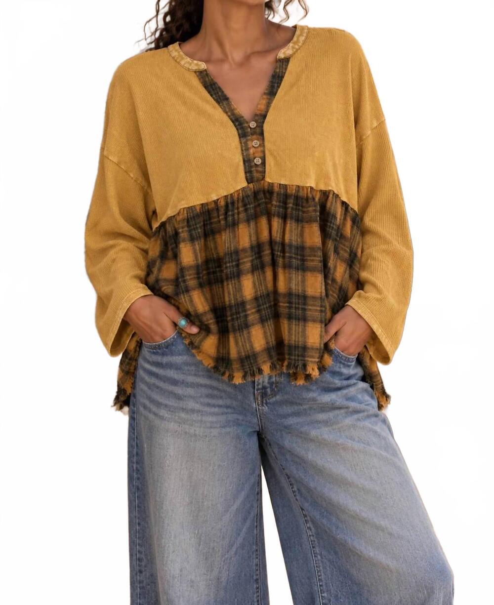 NEW SURELYMINE waffle knit plaid peplum henley tunic in mustard